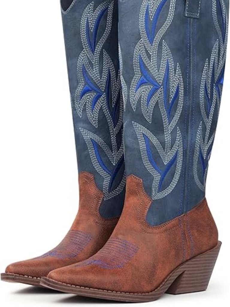 Women's Knee High Boots Snip Toe Blue Faux Leather Embroidered Western Boots